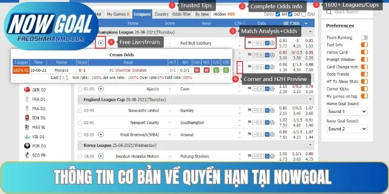 Thông tin cơ bản về quyền hạn tại NOWGOAL 